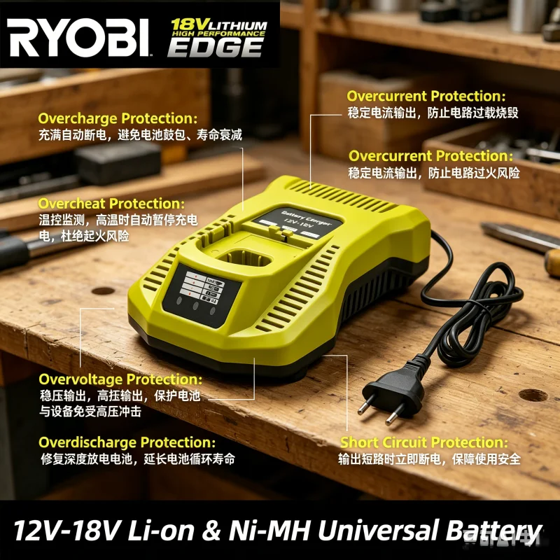 

Genuine P108 Battery Charger Compatible with Ryobi ONE+ 12V 14.4V 18V Li-ion NiCd NiMh Battery Overcharge Protection