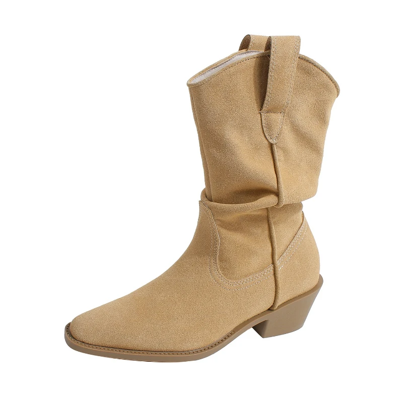 Retro Women Chunky Heel Pointed Toe Mid Calf Knight Boots Slim Fit Stacked Vulcanized Boots