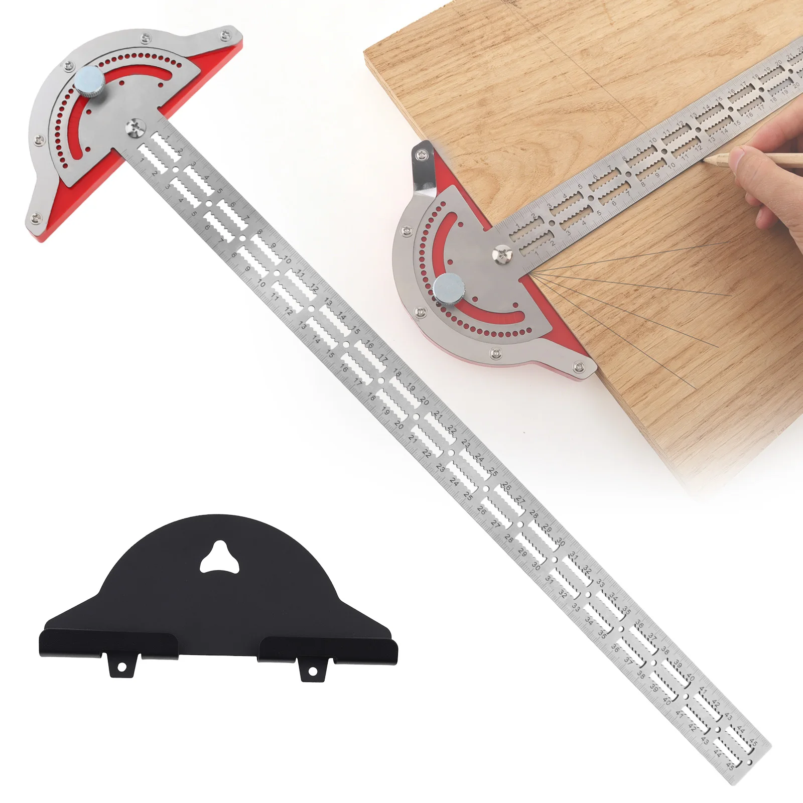Metric Scale T Square Protractor Angle Finder for Woodworking with Wall Hanging Storage Rack Adjustable Woodworkers Edge Ruler
