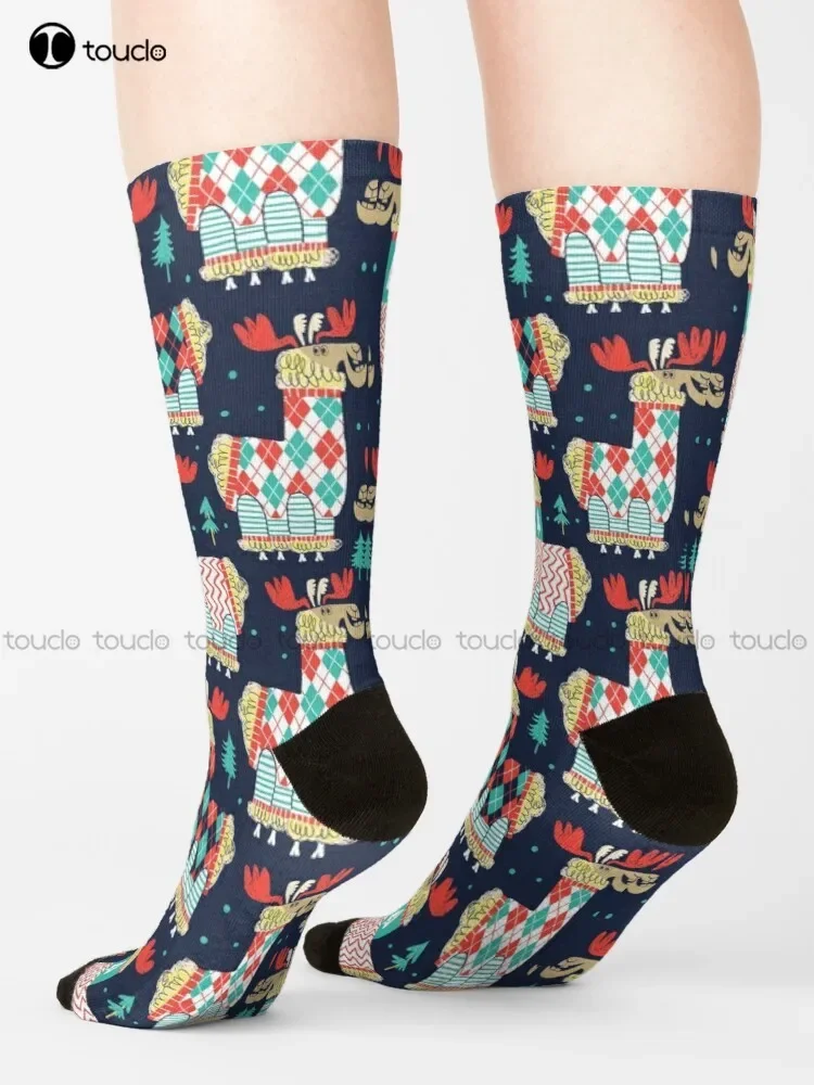 Christmas Llamas-Dark Background Socks Red Socks Christmas Gift Unisex Adult Teen Youth Socks Custom 360° Digital Print