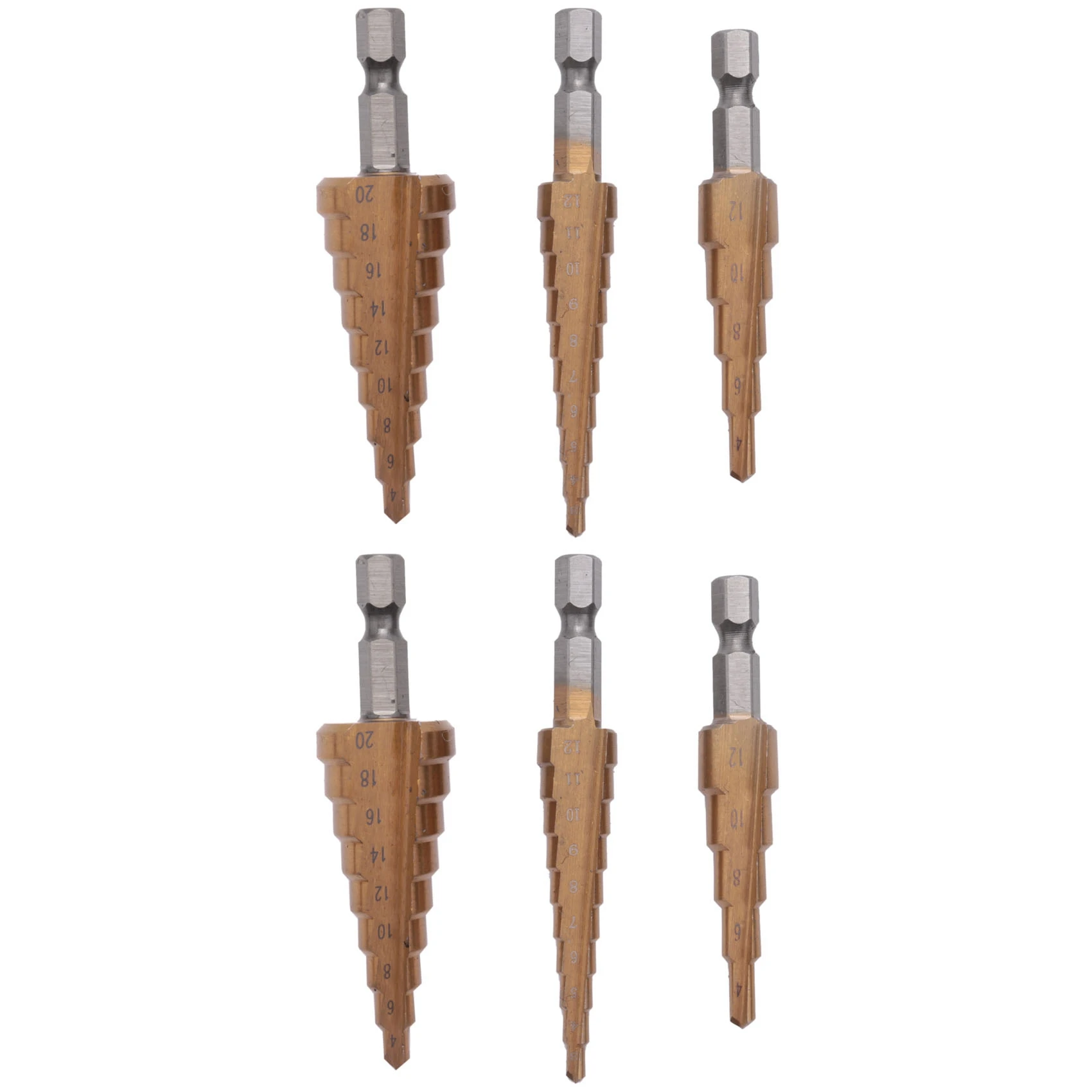 

Y42A-6Pc Hss Step Cone Taper Drill Bit Set Metal Hole Cutter Metric 3-12 4-12 4-20Mm 1/4 Inch Titanium Coated Metal Hex Taper