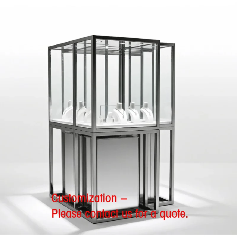 custom.Handcrafted Premium Jewelry Island Brushed Stainless Steel Tempered Glass LED Lit Organizer Lockable Base Luxury Watch