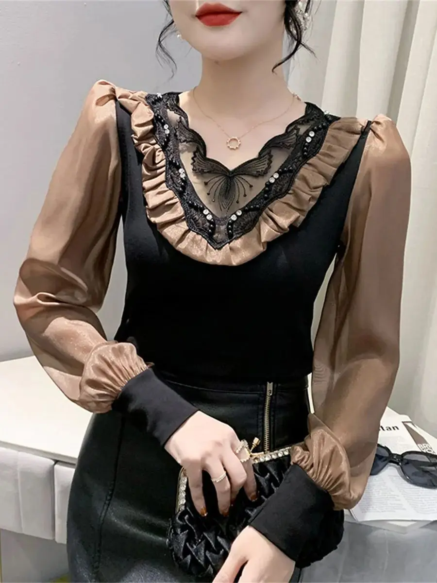 

Fall New Arrival Chic Lace Splice Mesh Women's Blouse Luxury Embroidery Cutout Color-Block Beading Slimming Base Tops