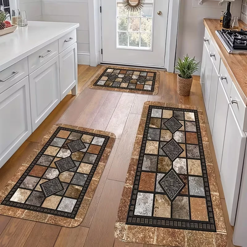 Kitchen Mat Set, Classic Geometric Stone Carpet, Retro Country Style Carpet, Farmhouse Kitchen Decoration Rug