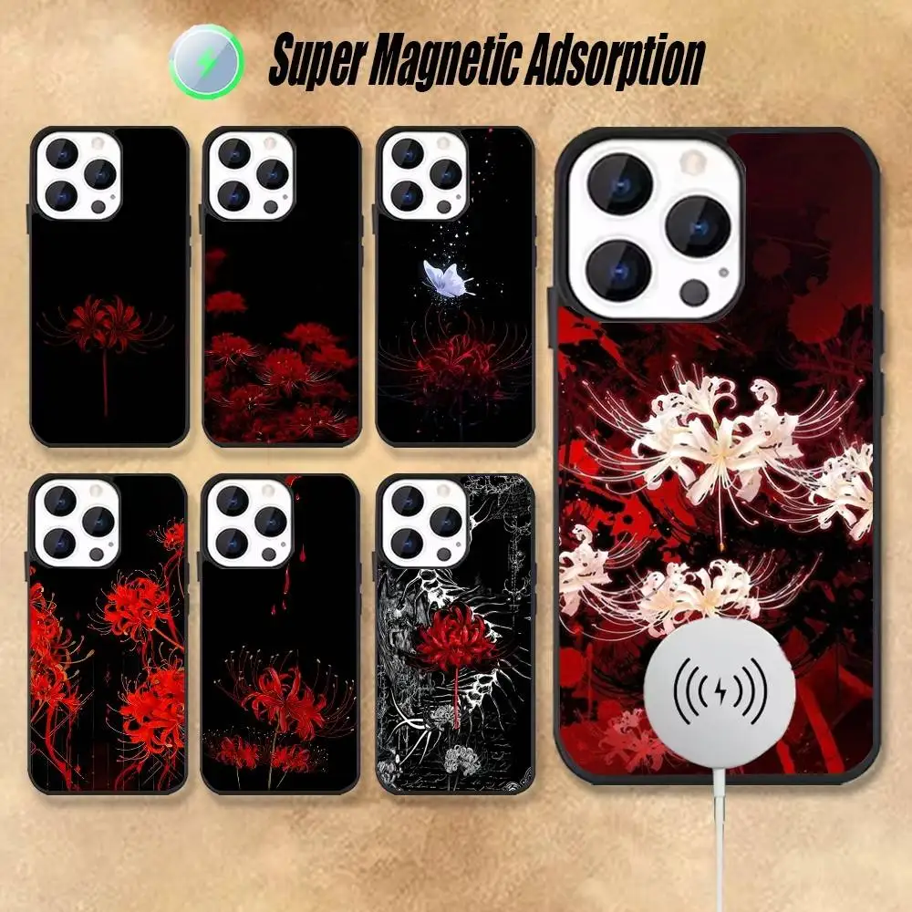 

Red Spider Lily Flower of Hell Magnetic Wireless Charging Black Phone Case For iPhone 17,16,15,14,13,12,11,Pro,Max,Plus