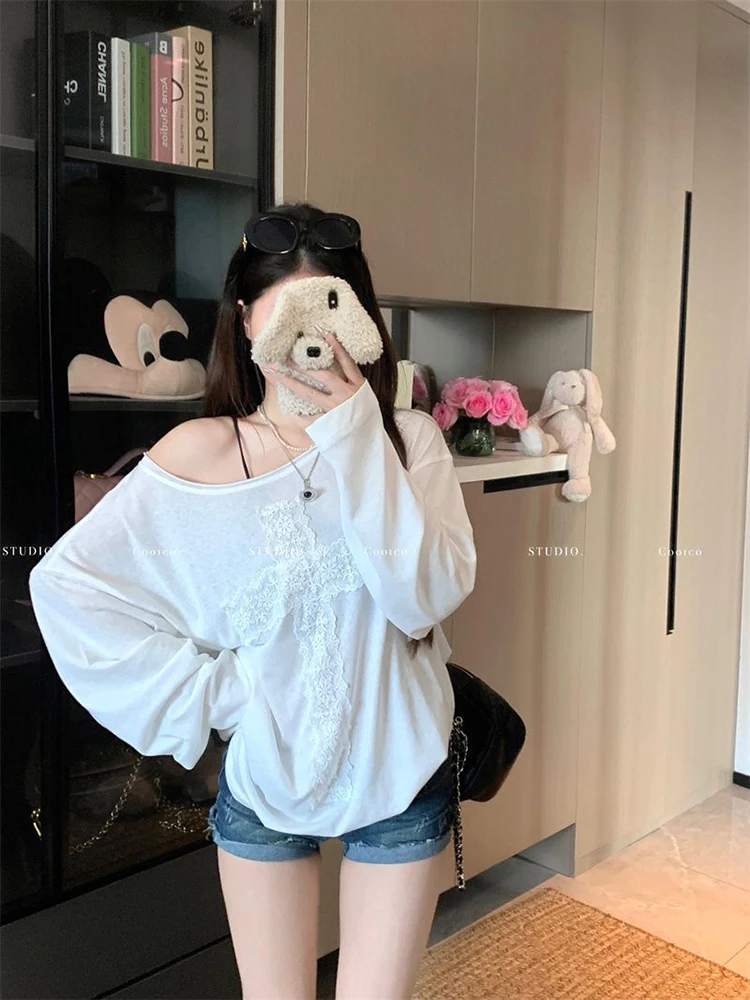 Embroidered Lace Patchwork Women T Shirt Summer White Thin Long Sleeve Sun Protection Tops Y2K Korean Loose Female Casual Smock