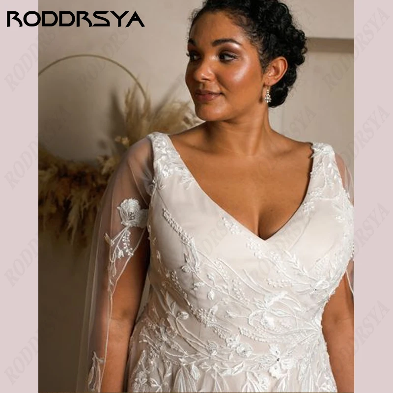 Roddrsya Tüll Brautkleid für Plus Size ärmellose Braut Party Spitze Applikation Strand Brautkleid A-Linie V-Ausschnitt Vestido de Novia Tüll Brautkleid für Plus Size ärmellose Braut Party Spitze Applikation Strand Brau