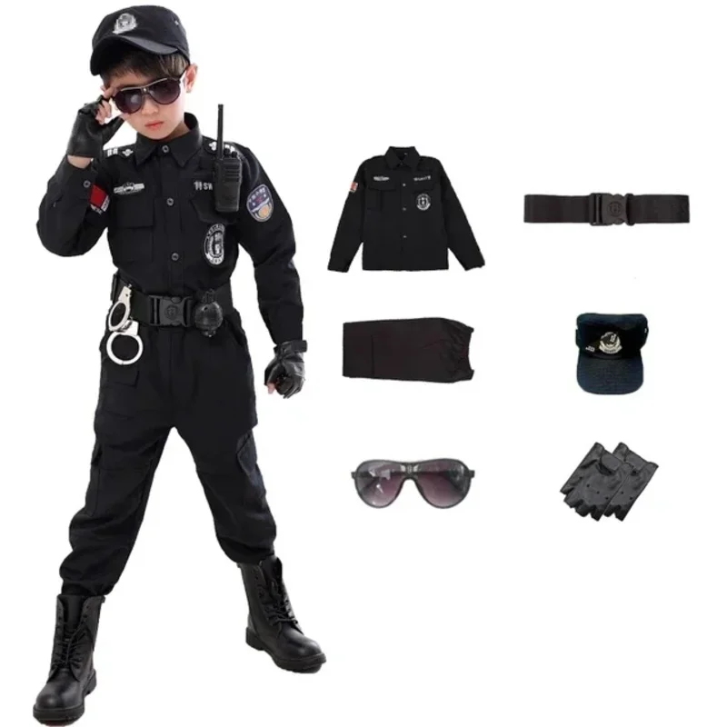 CySwat Kostum Cosplay Polisi Halloween Anak-anak Seragam Polisi Karnaval Anak-anak 110-160Cm Anak Laki-laki Petugas Polisi Tentara Soldi