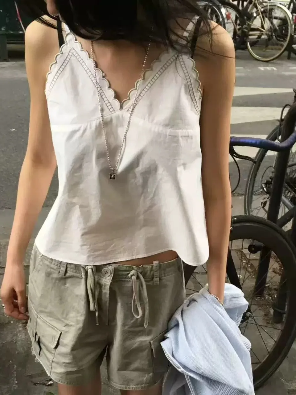 

Summer 2026 Dongdaemun Korean Style V-Neck Sleeveless Embroidered Ruffle Women's Tank Top Cotton Short Length Casual Wear