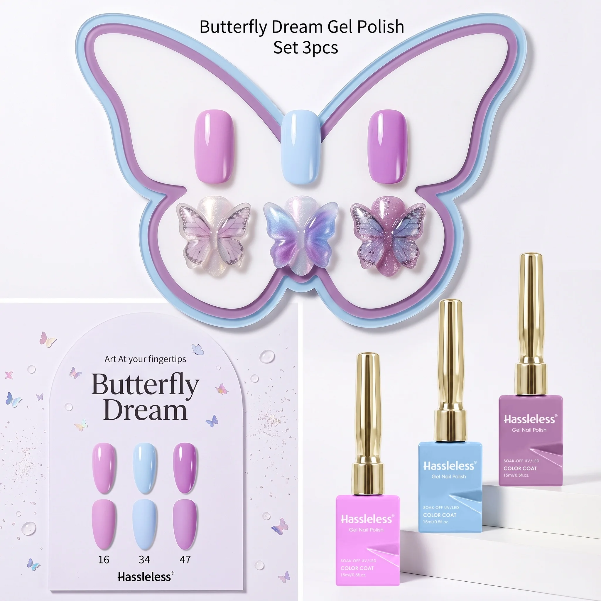 Hassleless 3Pcs Pinkish Purple, Blue, and Light Purple, Romantic Low-Saturation Colors, Suitable for Daily Makeup and Date Manicures.