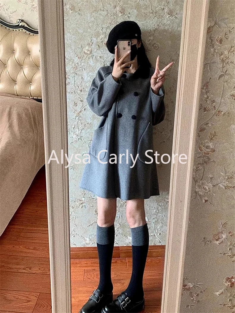 2023 Winter Korean Woollen Coat Women Preppy Style Pockets Chic Japanese Sweet Jacket Female Double Breasted Fashion Warm Coats