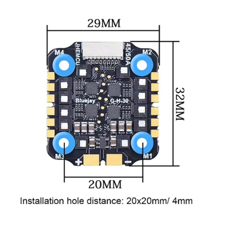 JHEMCU EM45A / 50A 4 em 1 ESC 2-6S Lipo com firmware Blue Jay pode ser atualizado ao firmware BLHELI_S 20x20mm para peças de drone RC FPV