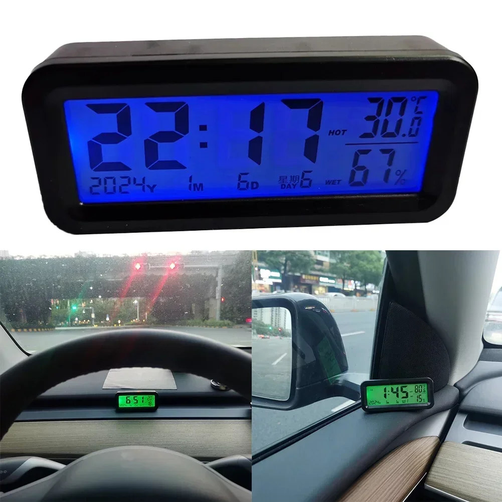 Solar Power Digital Car Clock Home Vehicle Temperature Humidity Meter Calendar Reminder Automatic Lighting Backlight