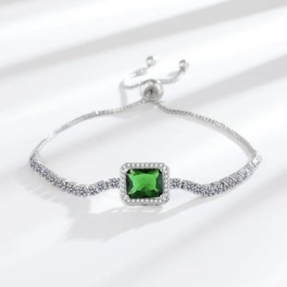 925 Sterling Silver Bracelet, Square Imperial Green Zircon Adjustable Size, Luxury Elegant Jewelry Bracelet For Men And Women
