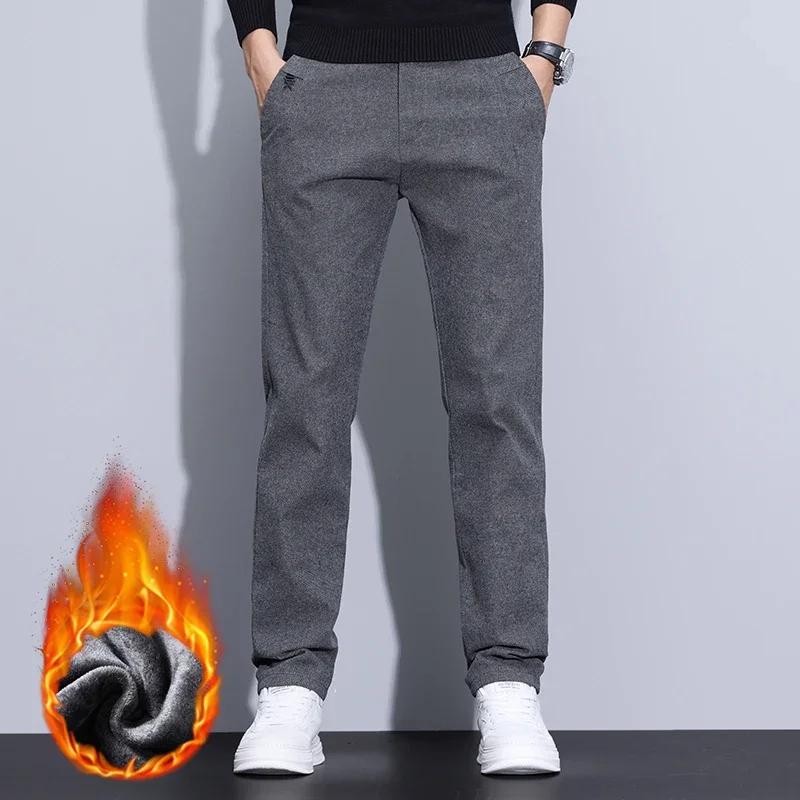 

Thermal Velvet Winter Casual Pants Men Thick Stretch Fashion Business Cotton Trousers Brand Clothing Straight Fleece Man Pants