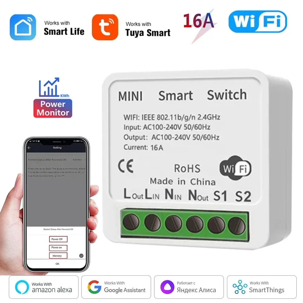 Interruptor Inteligente Tuya WiFi, Controle Bidirecional com Monitor de Alimentação, Mini Disjuntor Inteligente, Controle de Vida, Alexa, Google Home, 16A