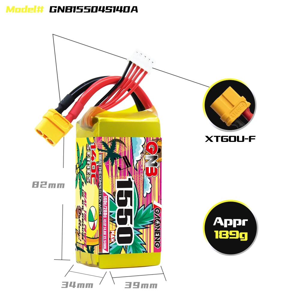Batería de litio GAONENG GNB 4S 14,8 V 1550 mAh 140C con conector XT60, adecuada para drones FPV y cuadricópteros.