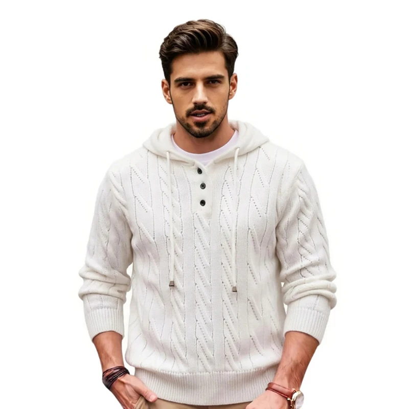 Herren Weißer Kabelstrick-Hoodie Pullover Langarm mit Kordelzug Kapuze Lässiger Lockerer Schnitt Verdickter Pullover Winter-Top Streetwear Jumper – Detail 1