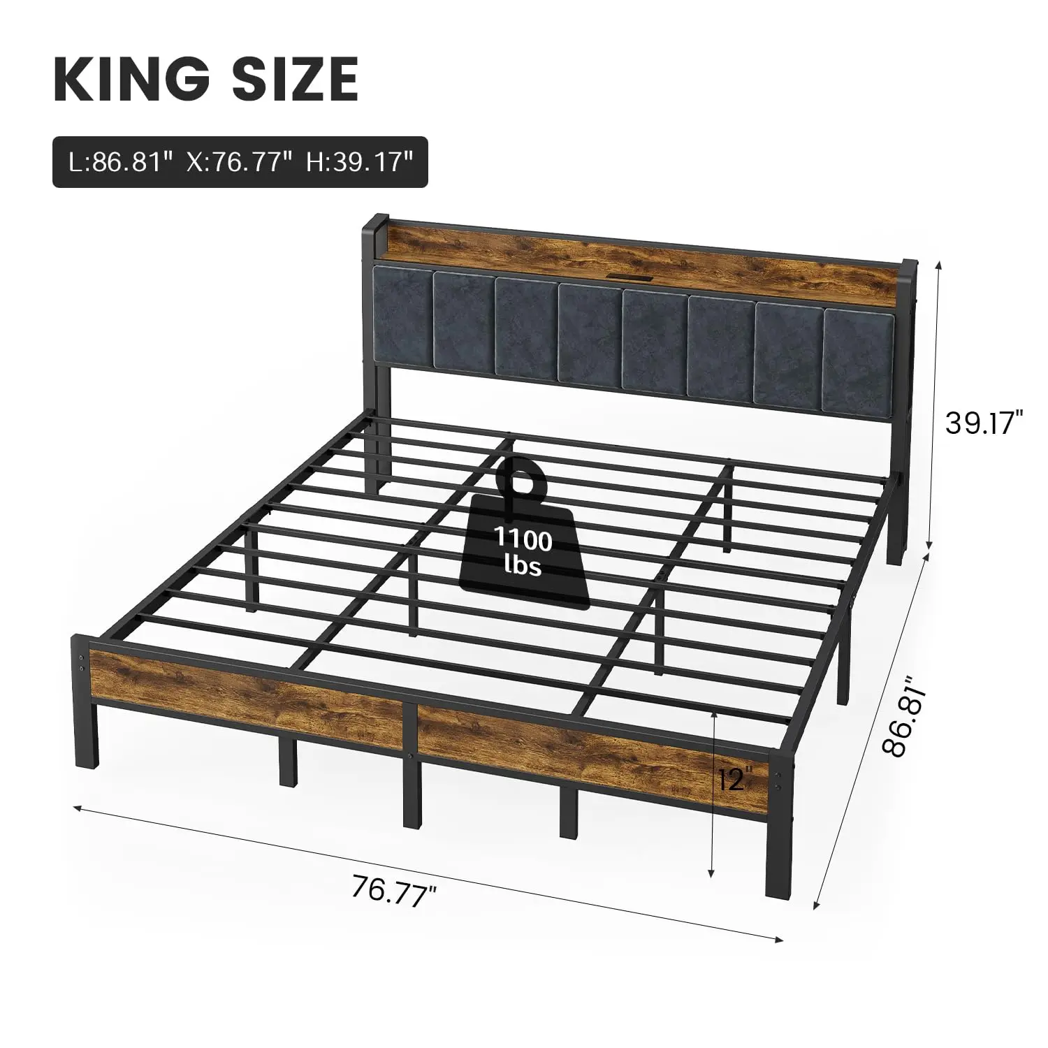 King Size Metal Bed Frame LED Lights Charging Station Storage Headboard Slat Support No Box Spring Easy Assembly, Customized