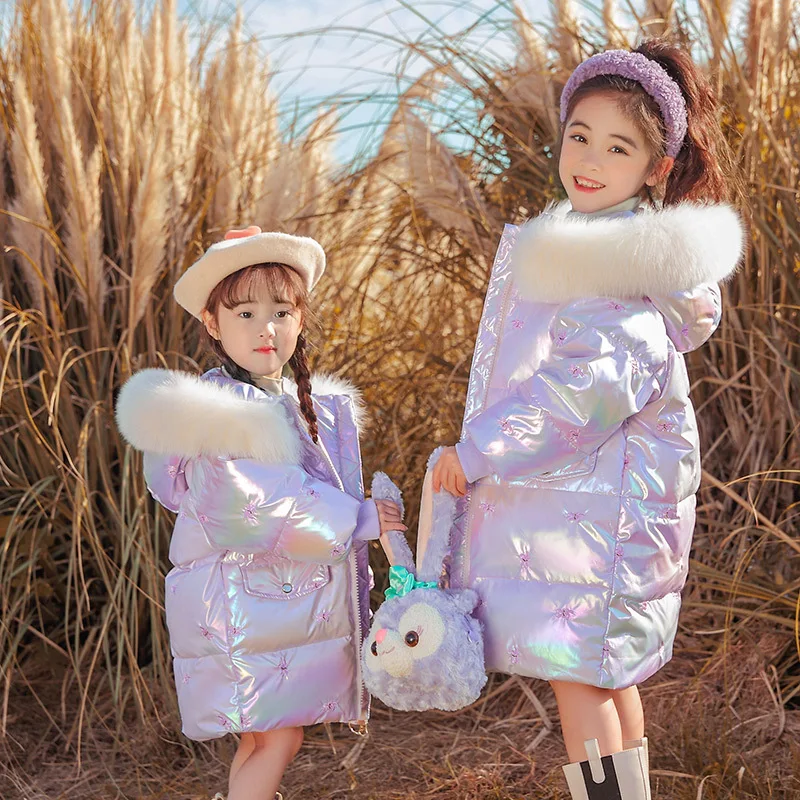 RAISE 2025 Winter Children Down Jacket For Girl Embroidered Hooded Shiny Junior Girl Mid-length Outerwear 5-14 Years Kids Parkas