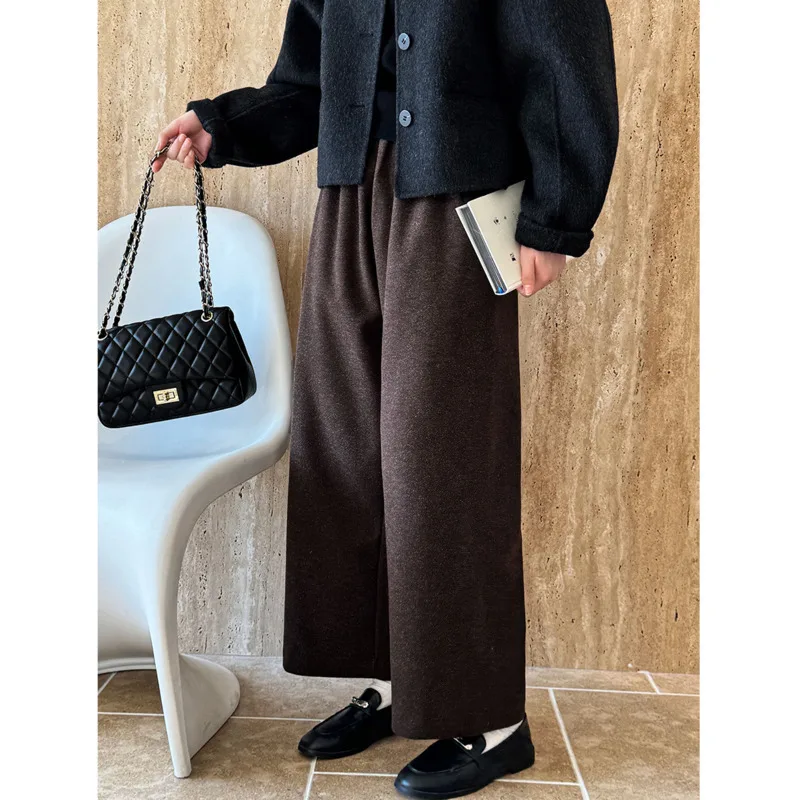 

Winter Imitation Cashmere Ankle-Length Wide Leg Pants Women Elastic Waist Thick Woolen Casual Pants