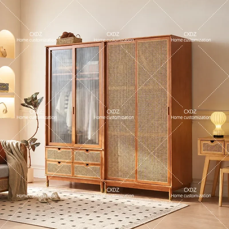 Wabi Sandy Wind Solid Wood Double Door Wardrobe Bedroom Storage Locker Household Sliding Door Rattan Wardrobe Simple