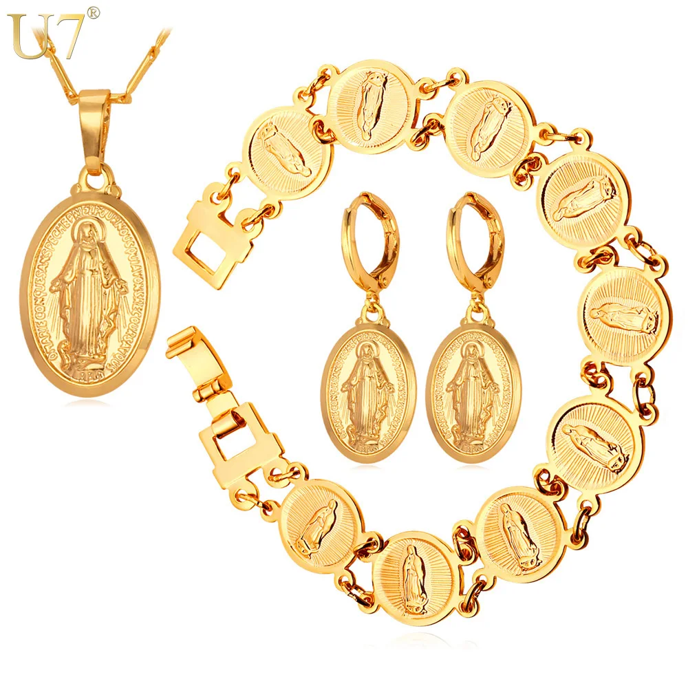 U7 New Virgin Mary Earrings Bracelet Necklace Set Wholesale Trendy Gold Color Christian Cross Women Jewelry Sets S681