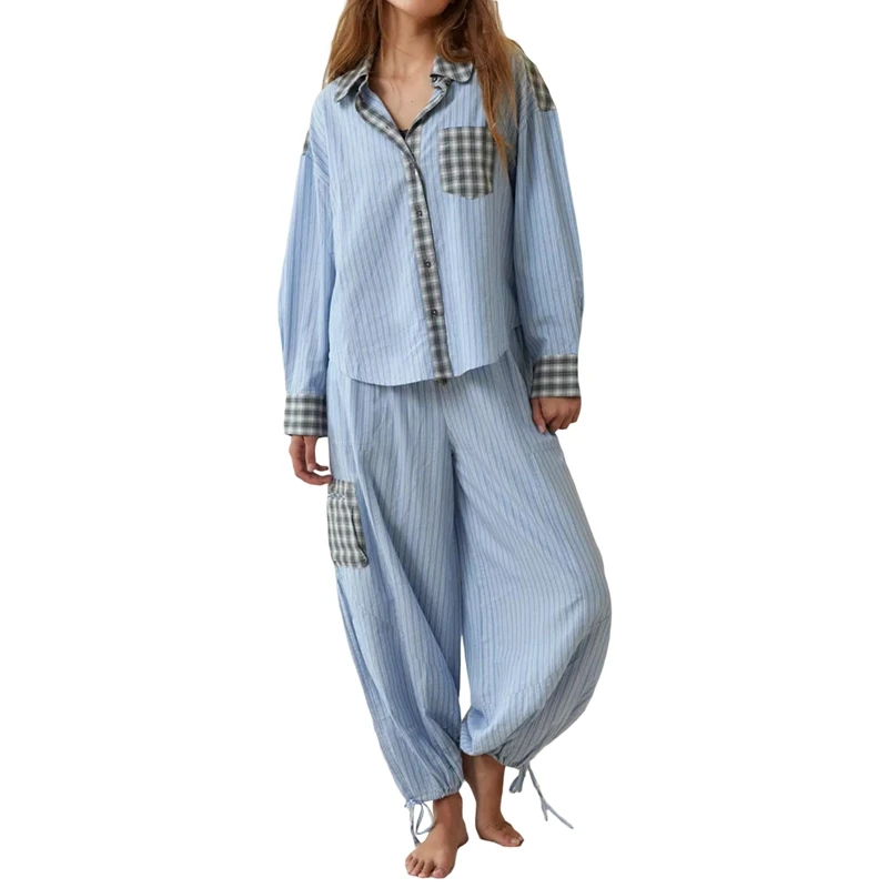 Women Christmas Pajamas Set Striped Holiday Sleepwear Button Down Long Sleeve Shirt and Pants Lounge Pj Nightwear Loungewear