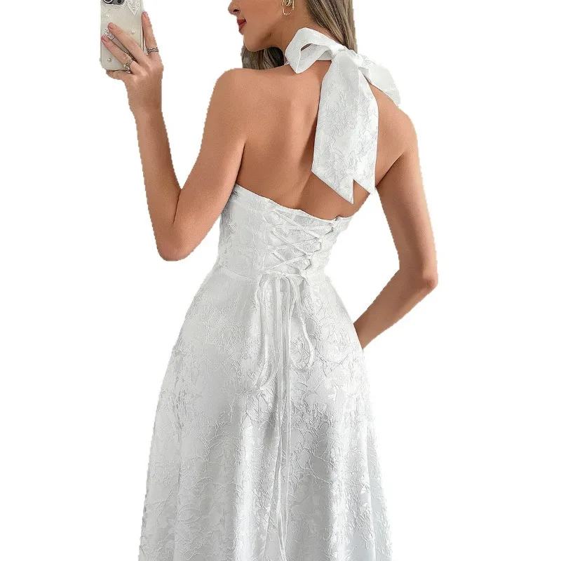 Vestido maxi feminino elegante com gola halter, jacquard, cintura com gravata e bordado floral, vestido de noite elegante, praia, casamento, convidado