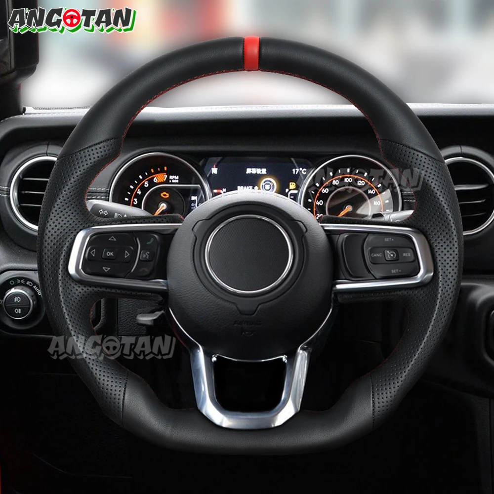 Full Leather Car Steering Wheel Perforated For Jeep Wrangler JL 2018-2023 Models Sport Wheel Black Smooth Leather