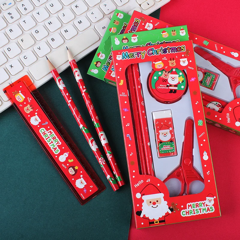 Cartoon Santa Claus Pencil Scissors Stationery Set Student Cute Christmas Rubber Pencil Sharpener Set Of Five