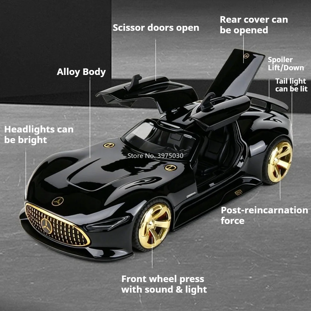 1:32 Scale Benz GT Models Toy Cars Alloy Diecast 3 Doors Opened Miniature Car with Light Music Vehicle Kids Children's Day Gifts