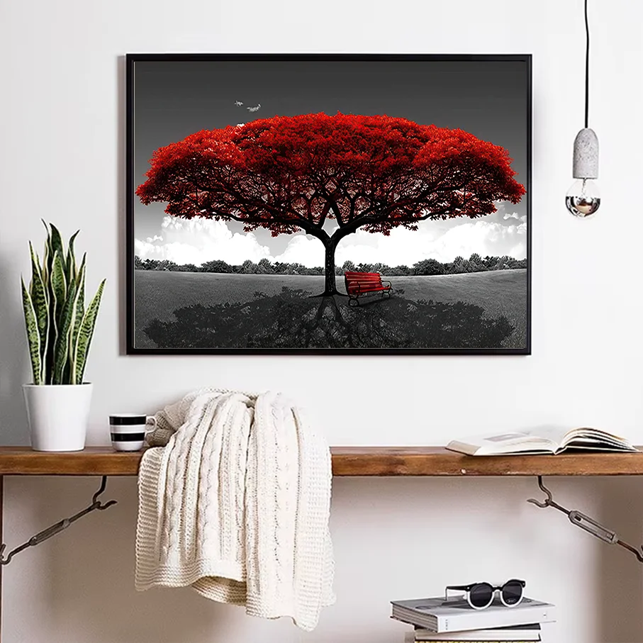 Modern Red Tree Canvas Print Wall Art Black and White Landscape Bench Living Room Home Decor Picture Poster