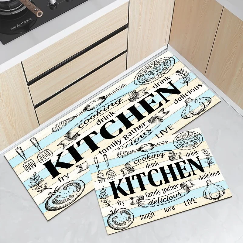 VIKAMA Retro Light Blue Wood Grain Kitchen Mat Waterproof Non Slip Runner Rug Stain Resistant Easy Clean Floor Rug Non Slip Rug