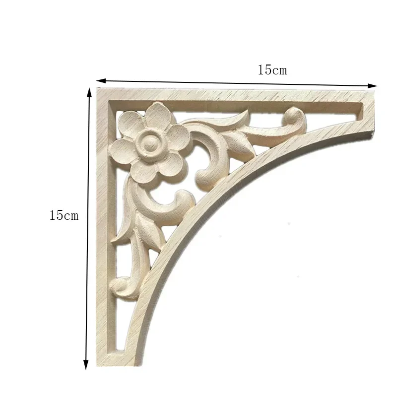 15cm Unpainted Wood Carved Corner Flower 3D Onlay Applique Frame Background Wall Home Furniture Wall Door Decor Craft