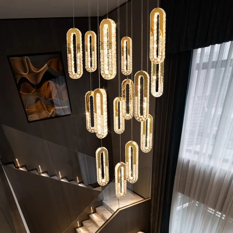 

Modern Crystal Staircase Pendant Lamp, Luxury Long Cord Lamp for Living Room, Villa, Duplex, Commercial Decor