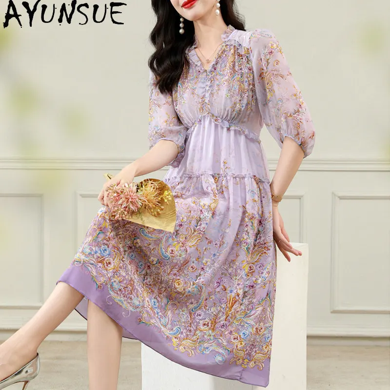 AYUNSUE 100% Natural Mulberry Silk Summer Dress Women Clothing Lantern Sleeve Elegant Womens Dresses Purple Floral Vestido Mujer
