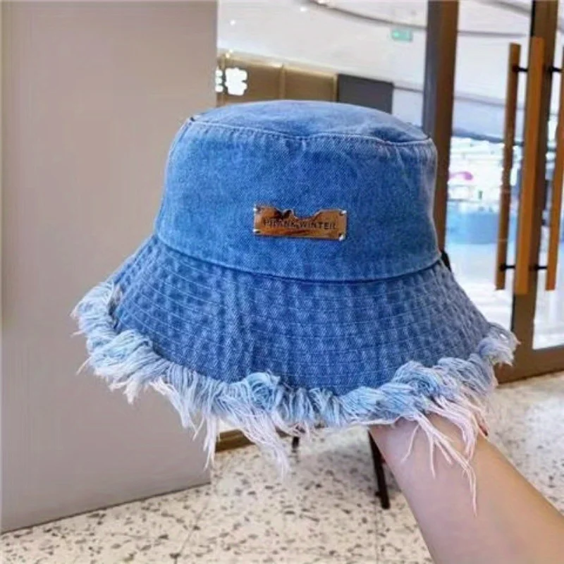 Metal Label Denim Fisherman Hats Shabby Foldable Breathable Sun Protection Bucket Hat For Women Men Summer Sport Hiking Bob Cap