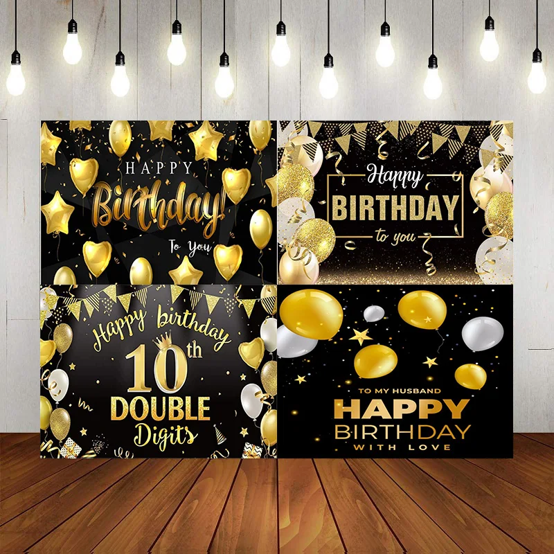 10 Th Happy Birthday Party Backdrop Black Gold Balloons Glitter Bokeh Spots Poster Photography Background Decoration Banner