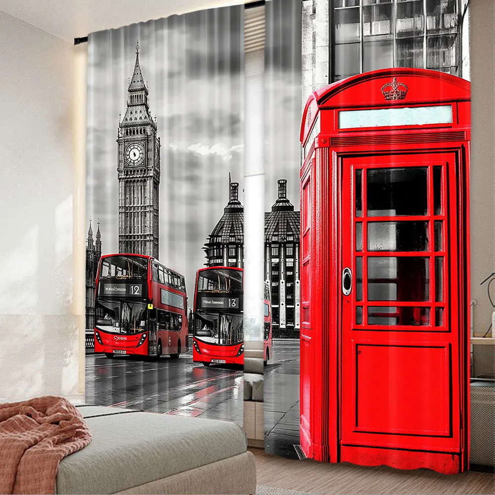 2Pcs London Curtains London Telephone Booth In The Street Traditional Local Cultural Uk Retro For Bedroom Living Room And Dining