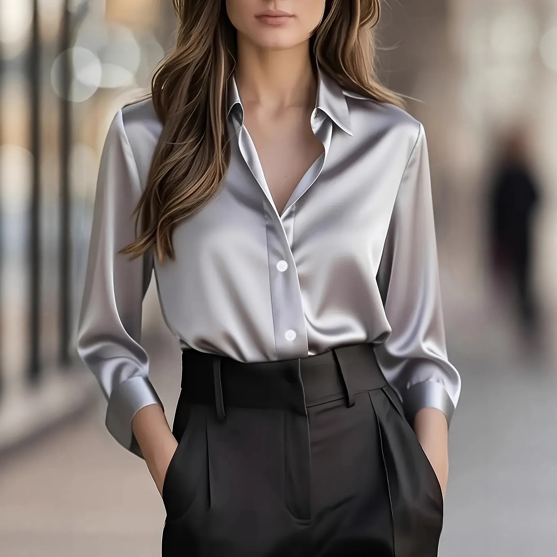 Long Sleeve Notched Collar Shirt with Printed Pattern Regular Length Elegant Women Blouse Slight Stretch Woven Construction