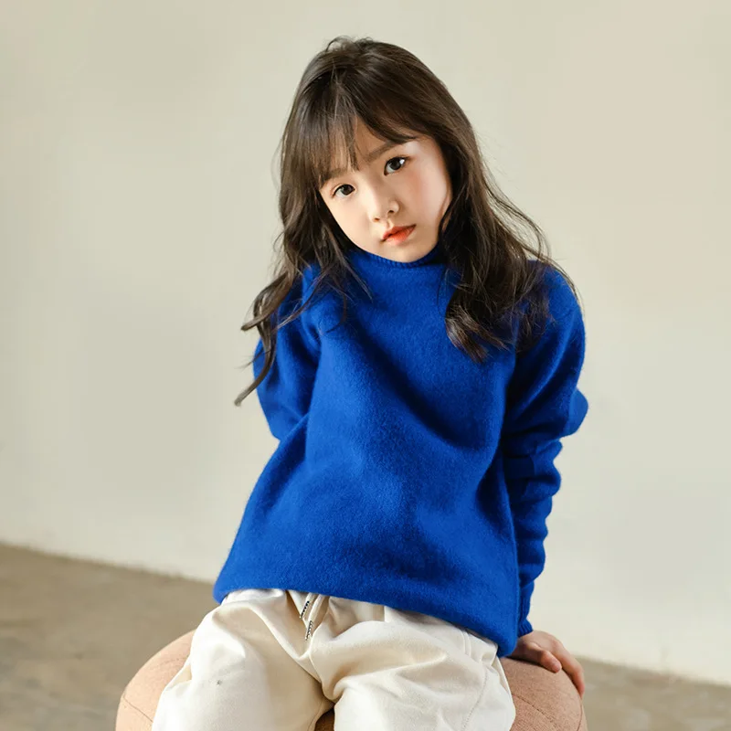 Children thickened wool knitting sweater turtleneck pullover Sweater Girl leisure time Solid color long sleeved Cashmere sweater