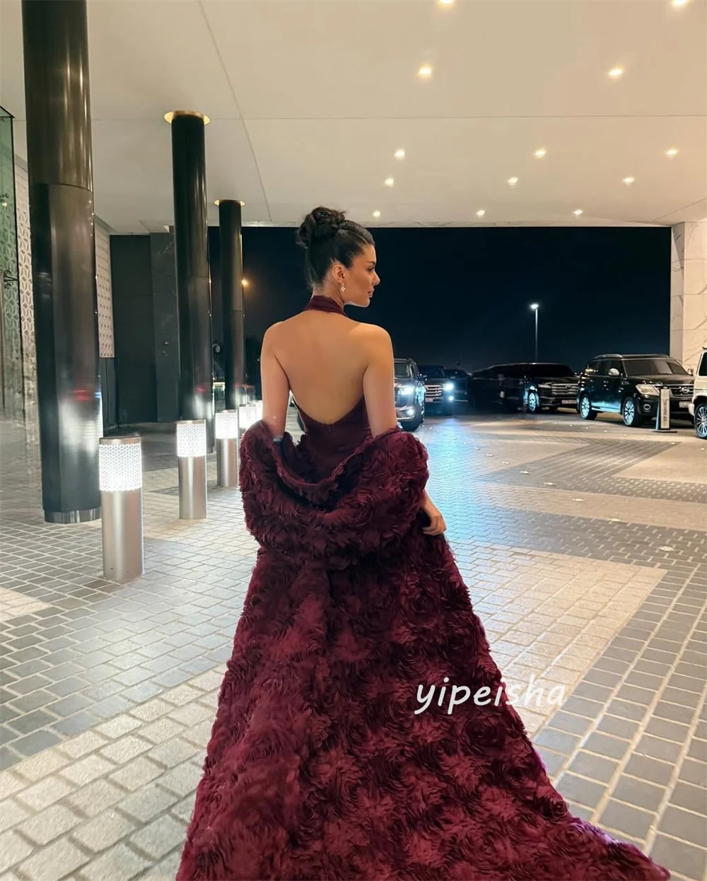 Customized Intricate Matching Burgundy Jersey Shawl Handmade Flower A-line V-neck Long Dresses Evening Dresses Sizes Available
