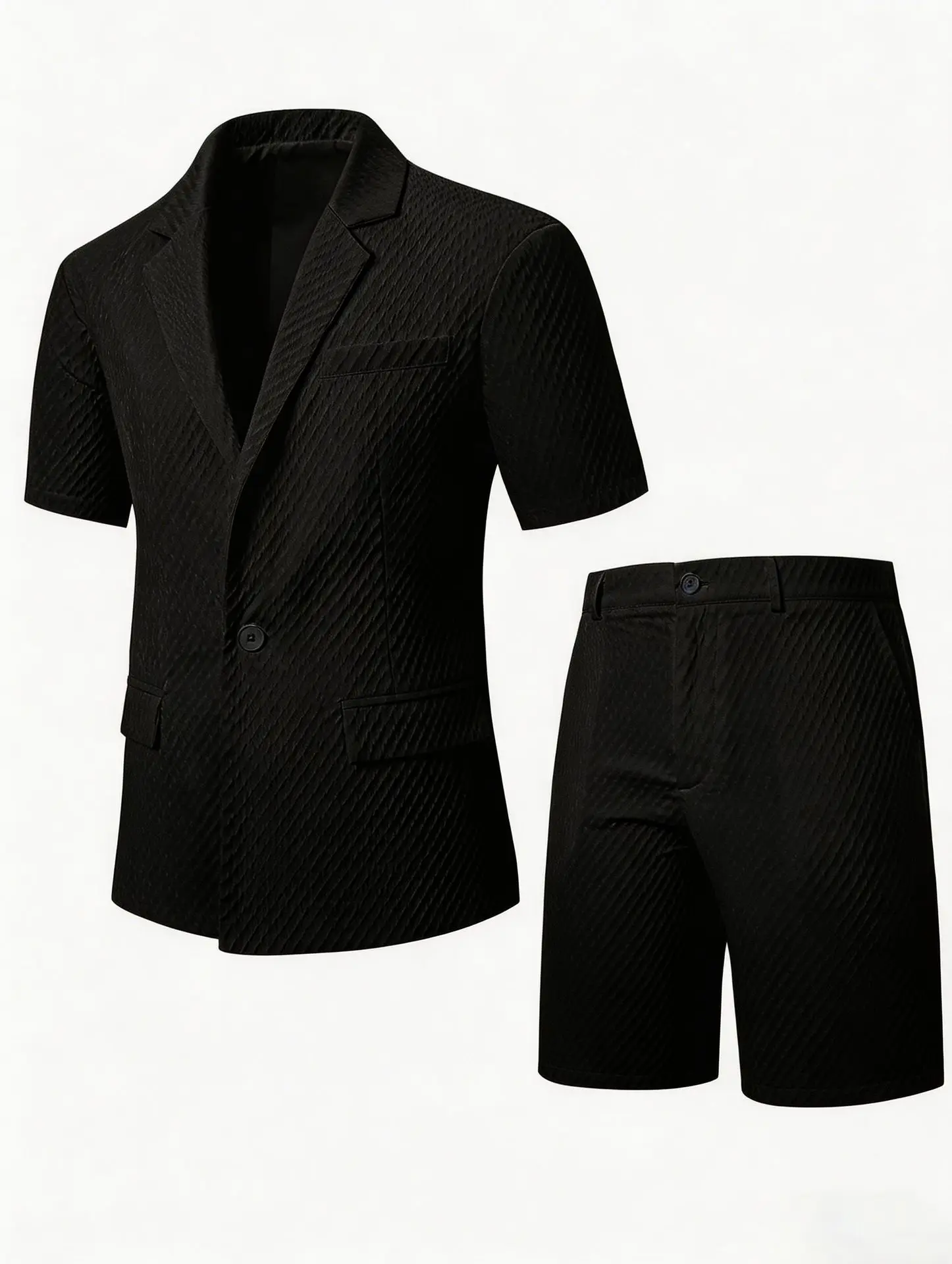 Herren Leichter Strukturierter Zweiteiler mit Reverskragen, Kurzarm-Einreiher-Blazer und Passenden Shorts für Sommerlichen Smart-Casual-Look – Detail 23