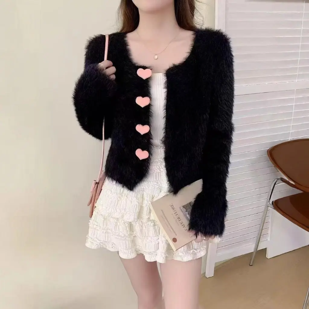 

Sweet Knitted Short Cardigan Women's Faux Mink Autumn Winter New Style Elegant Top Soft Sweater Jacket Female Fashion Trend
