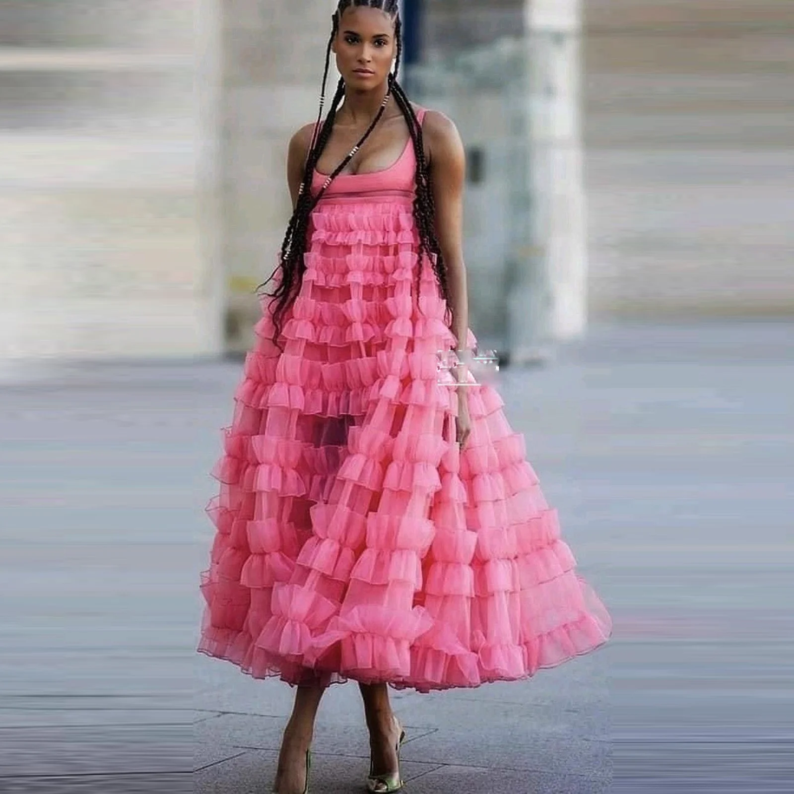 Rosa decote quadrado em camadas tule vestidos formais longos uma linha inchado em camadas vestido de festa de baile comprimento chá vestidos femininos