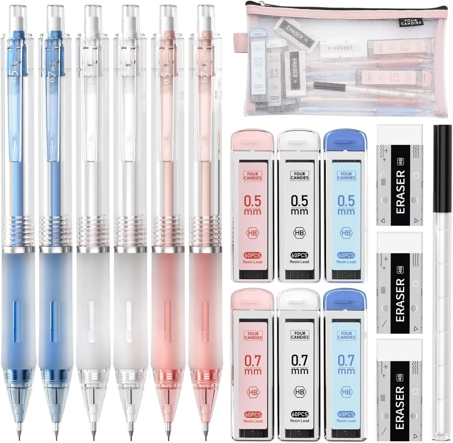 

6-Piece Mechanical Pencil Set with Case, 0.5 & 0.7mm Leads, Erasers for Writing and Drawing