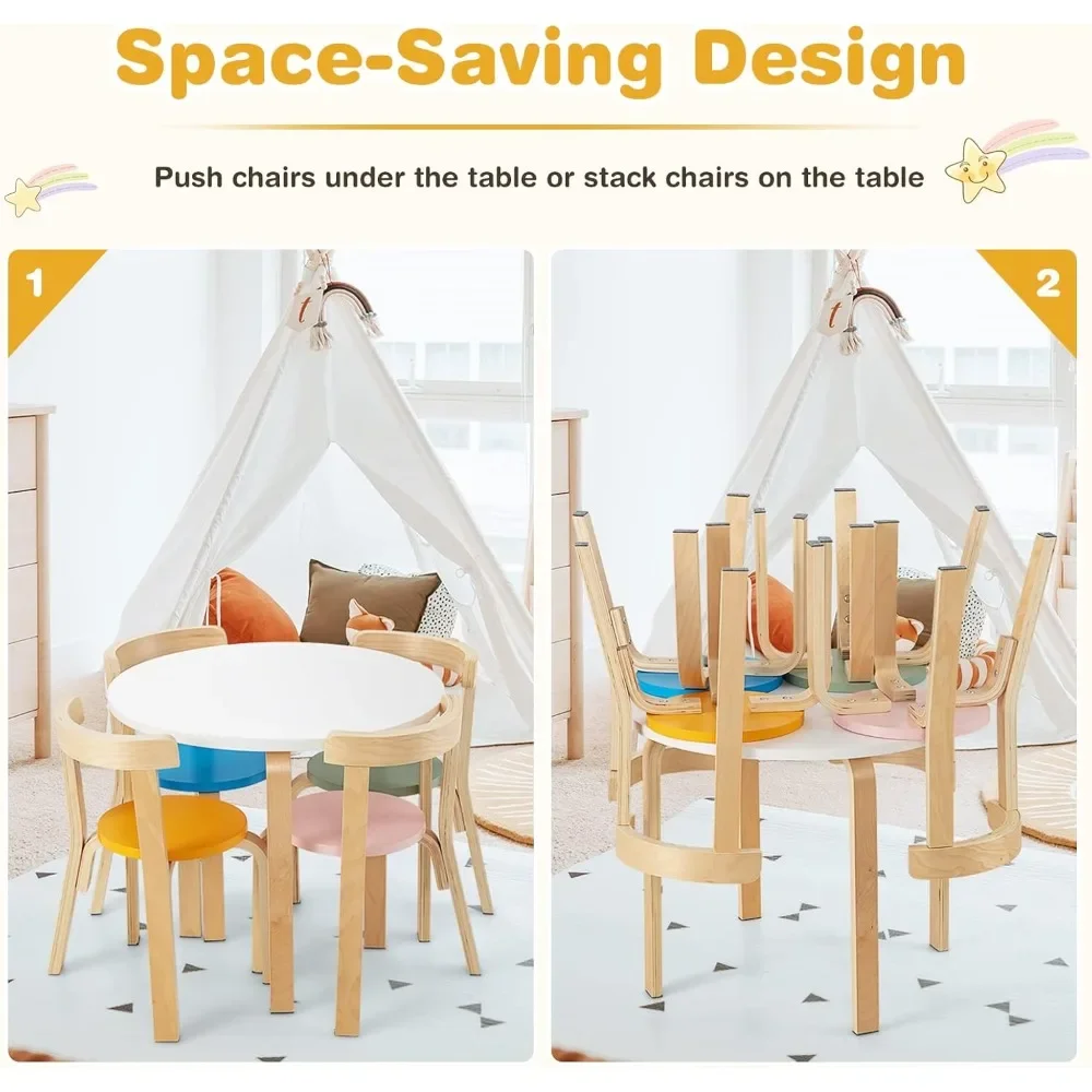 Kids Table and Chair Set, Bentwood Toddler Round Table and 4 Chairs for Craft Art, Building Block,5-Piece Children Furniture Set