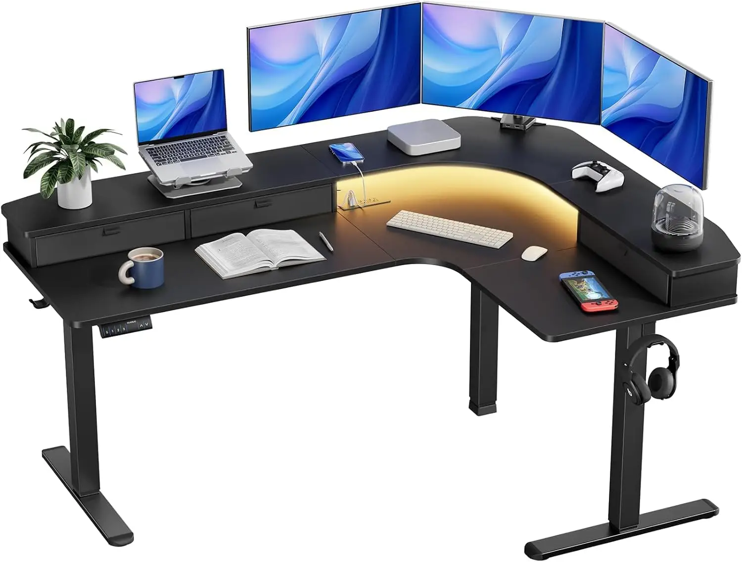 

65" L-Shaped Electric Height Adjustable Desk with Outlets LED 3 Drawers Corner Workstation, Customized