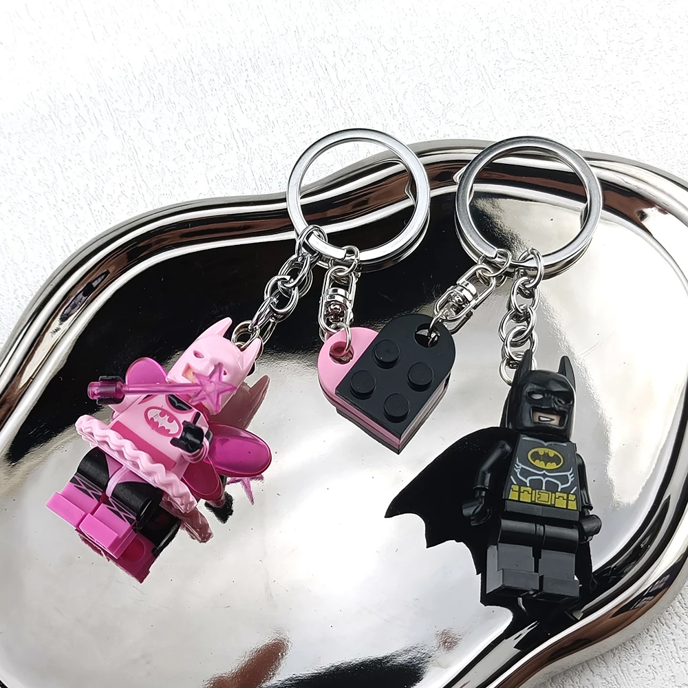 2개 수제 아름다운 3D 요정 별 핑크 블랙 박쥐 열쇠고리 하트 빌딩 블록 키링 배낭 펜던트 커플 크리스마스 선물